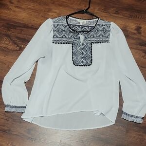 Monteau White Blouse with Black Geometric Embroidery